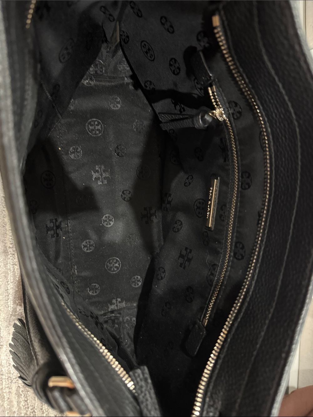 Tory Burch Black Pebbled Leather Tassel Tote with Chain Strap - Picture 3 of 3